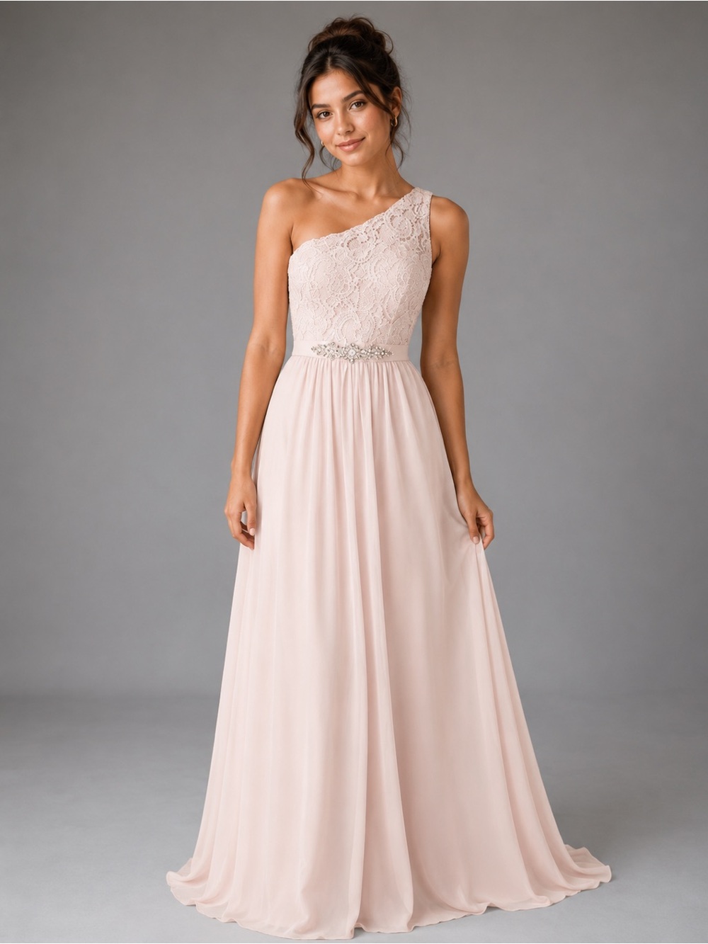 Adrianna Papell Blush Lace Crystal Embellished One-Shoulder Formal Gown - Picture 3 of 12